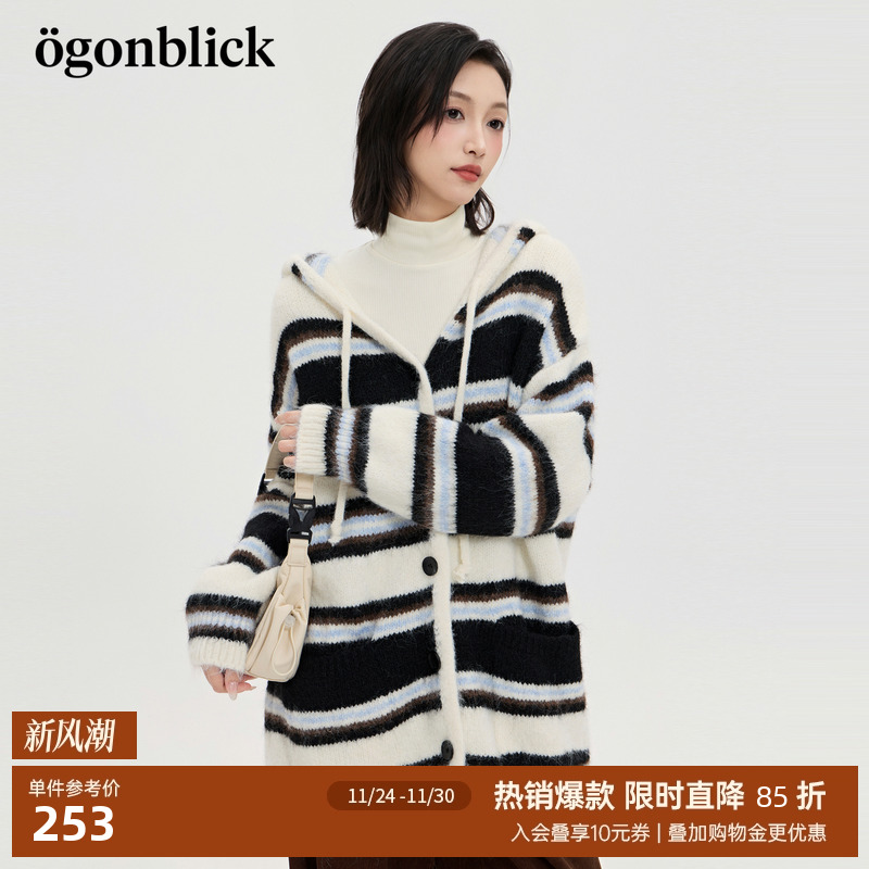 北欧时刻潮流设计条纹撞色连帽针织开衫女25秋冬新款慵懒毛衣外套