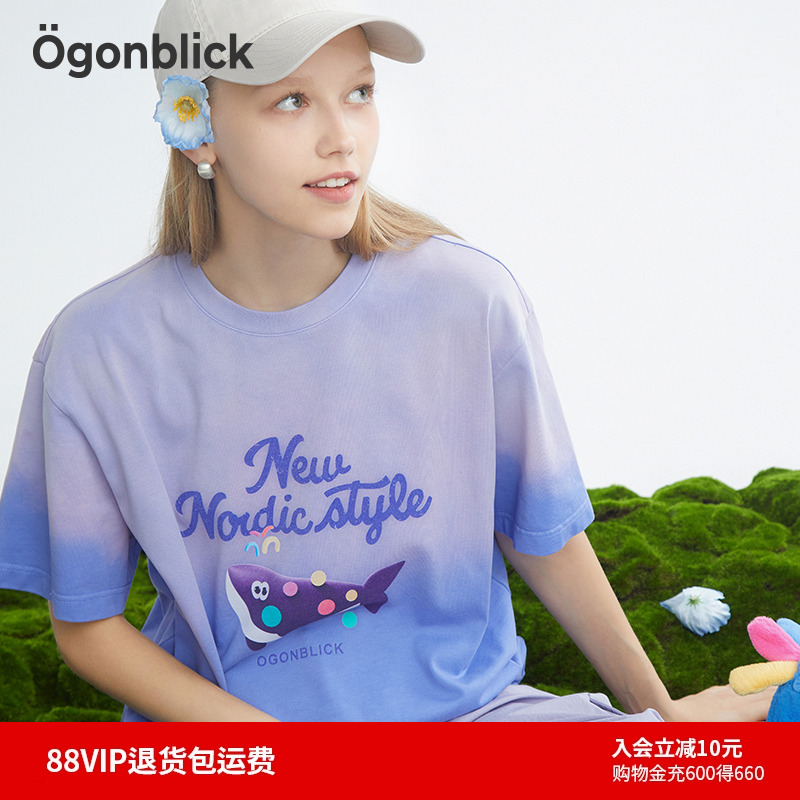 商场同款]北欧时刻个性主题印花圆领短袖t恤女夏季设计感渐变上衣
