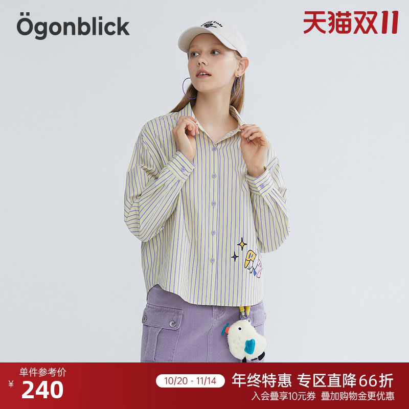 [商场同款]北欧时刻条纹衬衫女春季2025新款燕子联名印花长袖衬衣