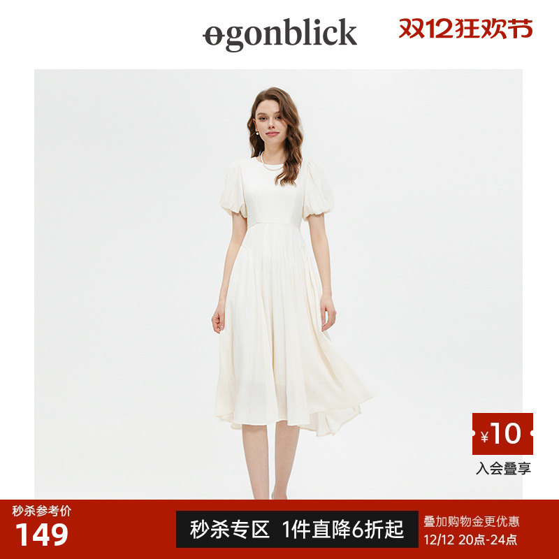 北欧时刻2025年夏新款圆领泡泡袖连衣裙女神范收腰法式优雅小白裙