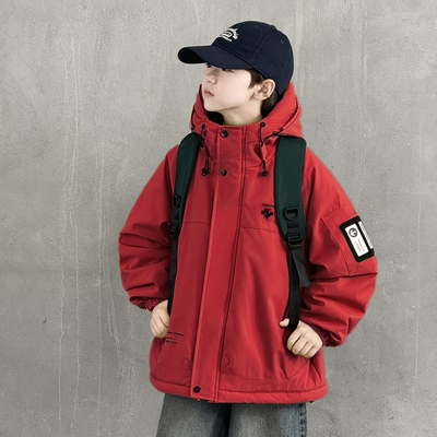 男童加厚棉服冬季2025新款中大童青少年连帽冲锋衣防风保暖外套潮