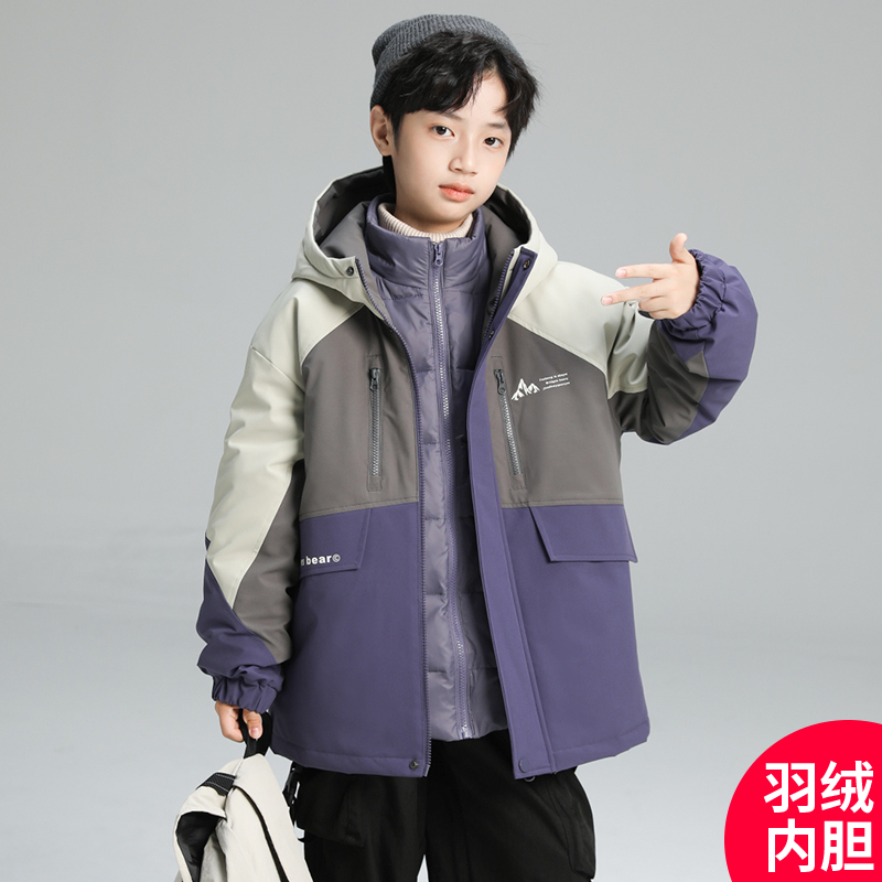 男童户外连帽冲锋衣羽绒服冬季2025新款中大童青少年加厚保暖外套