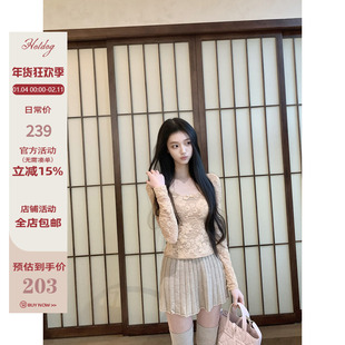 Hotdog 热狗很辣【缪斯如梦】精致气质蕾丝蝴蝶结短款长袖U领上衣