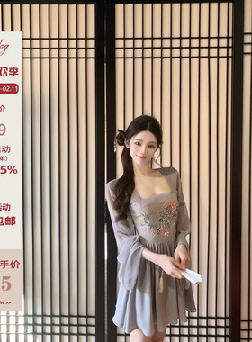 Hotdog热狗很辣【原创 黛玉春山 新中式汉服】高级灰色绣花连衣裙