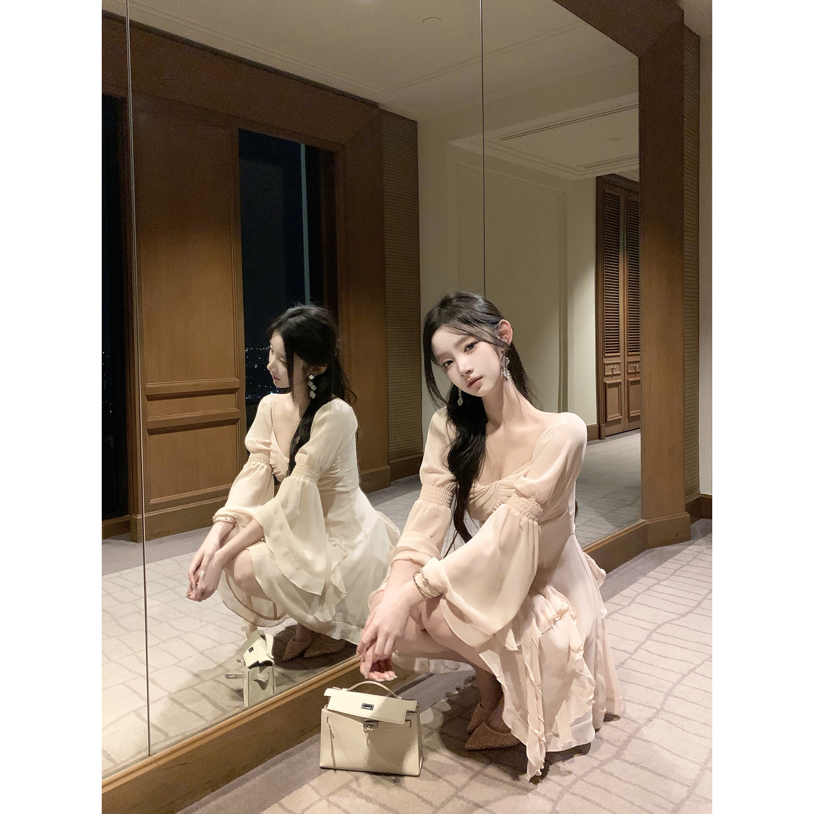 Hotdog 热狗很辣【古董仲夏】喇叭袖雪纺连衣裙女春夏季长袖短裙