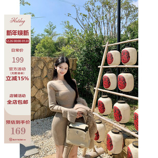 修身 温柔陷阱 显瘦设计感卡其棕色包臀连衣裙 热狗很辣 Hotdog