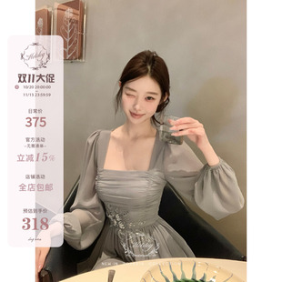 Hotdog热狗很辣【盈盈夏花】气质优雅烟蓝色方领连衣裙女长袖短裙