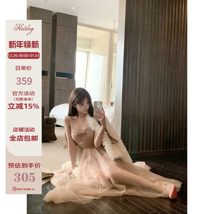 裸粉色连衣裙子女内搭高级感吊带裙 雪绘纱子 Hotdog 热狗很辣