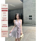 紫恋茶花 Hotdog 热狗很辣 精致高级感优雅气质挂脖露肩连衣裙