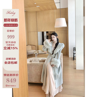 真狐狸毛 Hotdog 100%澳毛 慕雪京都 豆绿色大衣外套 热狗很辣