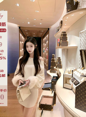 Hotdog 热狗很辣【绵柔软狐 仿真狐狸毛】斜肩毛毛袖针织连衣裙女