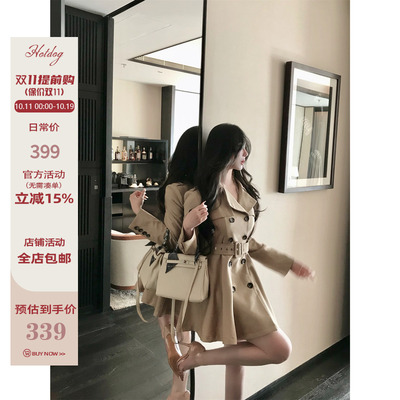 卡其双排扣外套+腰带女