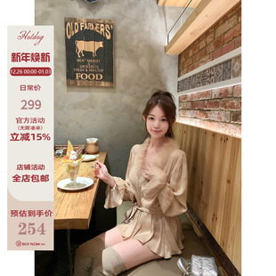 气质系带收腰长袖 Hotdog 真狐狸毛领 琥珀少女 上衣女 热狗很辣