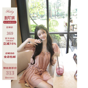 Hotdog 热狗很辣【玛格丽特】褶皱荷叶边连衣裙少女感肉桂粉短裙