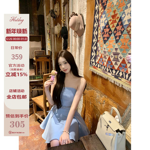 蓝色抹胸连衣裙 蓝调时刻 腰带收腰显瘦短裙女 热狗很辣 Hotdog