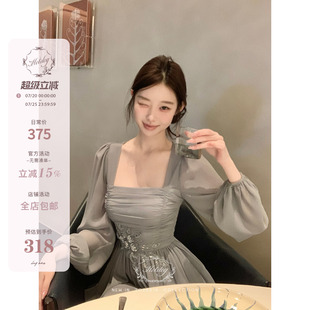Hotdog热狗很辣【盈盈夏花】气质优雅烟蓝色方领连衣裙女长袖短裙
