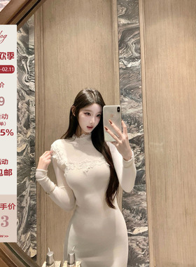 Hotdog热狗很辣【肤若凝脂】精致气质修身显瘦白色花边针织连衣裙