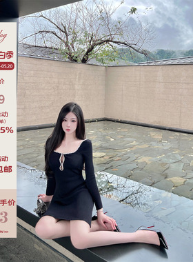 Hotdog 热狗很辣【 银河小香】钻领黑色连衣裙子女针织短裙