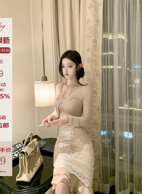 Hotdog 热狗很辣 【花漾爱神】蕾丝挂脖上衣/白色蕾丝半身裙子冬