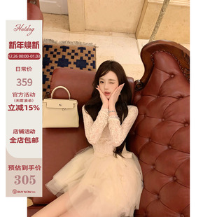 连衣裙套装 Hotdog 甜美温柔气质蕾丝长袖 柔纱影梦 女 热狗很辣