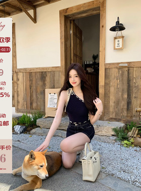 Hotdog 热狗很辣【元气少女】蓝色斜肩绑带针织背心女设计感上衣