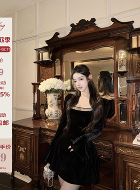 Hotdog 热狗很辣【天鹅圆舞曲】简约高级感显贵女黑色长袖连衣裙
