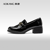 通勤百搭乐福鞋 奥康女鞋 英伦风时尚 粗跟浅口小皮鞋 春季 新款