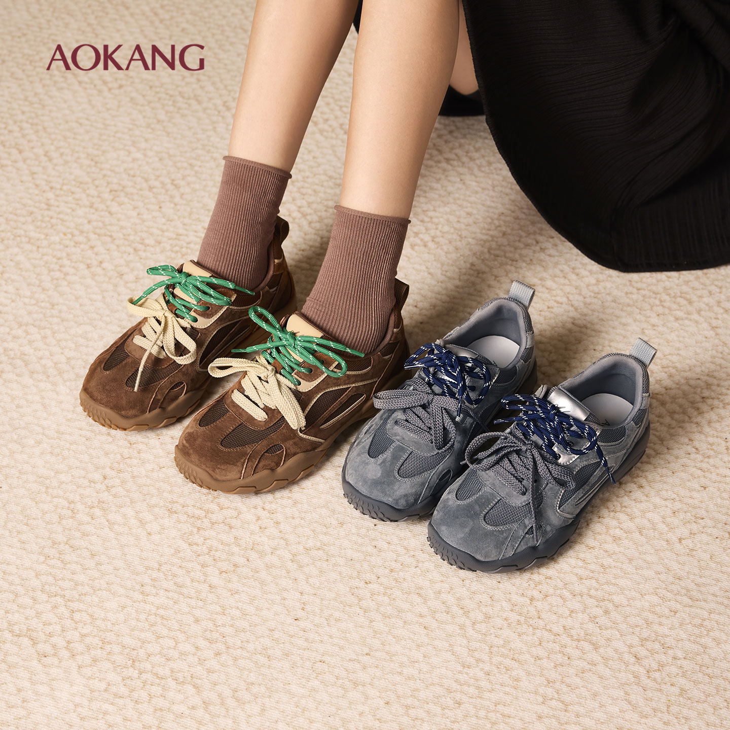 奥康 女鞋2025秋季赛车鞋潮流跳色双鞋带甜酷个性德训鞋休闲鞋