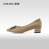 职业单鞋 奥康女鞋 法式 方扣水钻气质通勤浅口单鞋 春季 新款