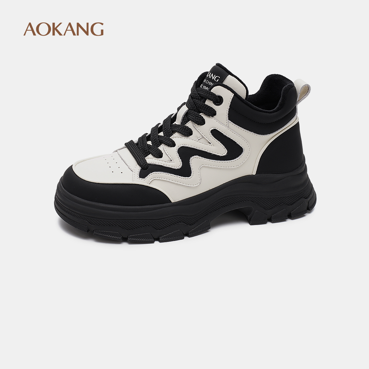 【门店同款】奥康女鞋冬季新款拼色加绒运动鞋保暖增高休闲鞋