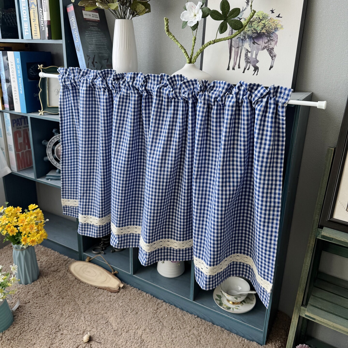 涤棉复古窗帘半截遮挡橱柜帘宿舍遮挡帘咖啡苏格兰小格子短帘门帘