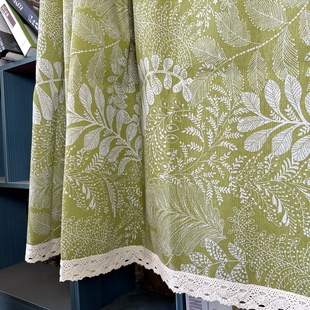 绿色复古橱柜帘厨房卫生间小窗帘免打孔印花半截窗帘日式 棉麻半帘