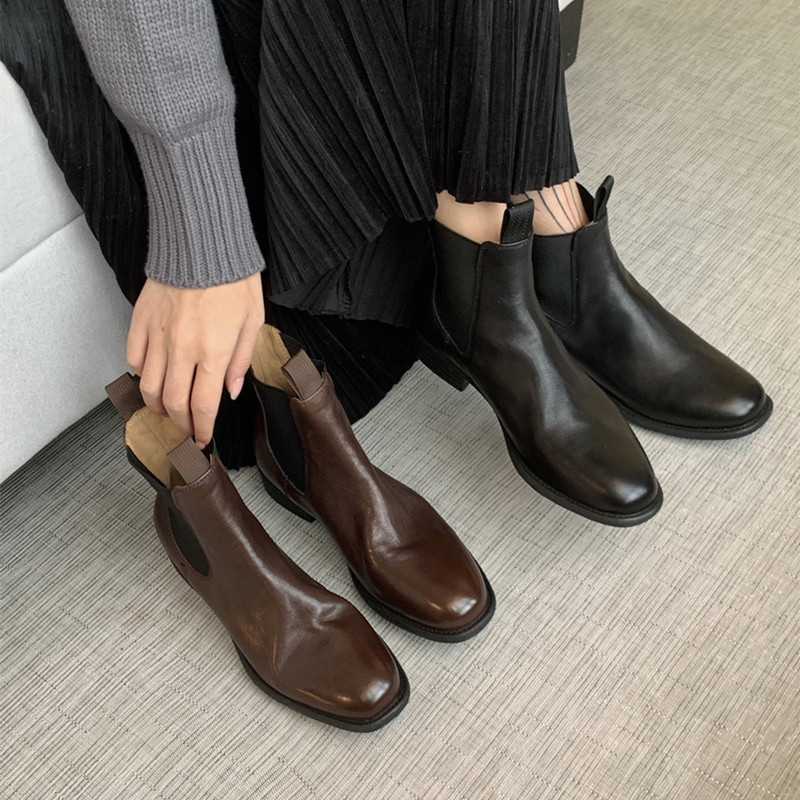 WASHED TIRE COWHIDE CHELSEA BOOTS BRITISH STYLE RETRO AUTUMN AND WINTER BROWN LEATHER RETRO SMALL SQUARE TOE HANDMADE BOOTIES WOMEN