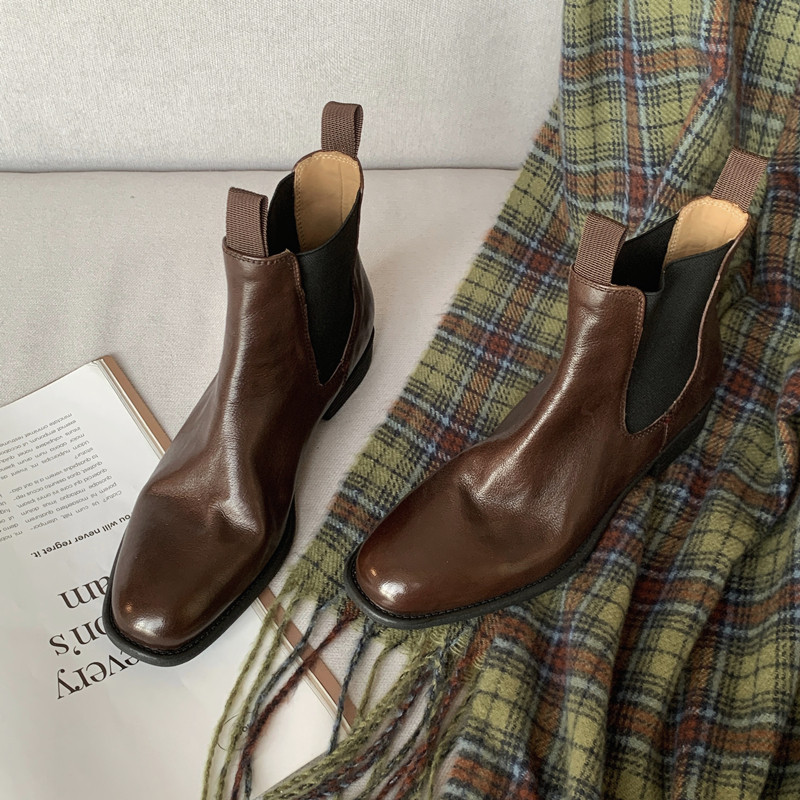 WASHED TIRE COWHIDE CHELSEA BOOTS BRITISH STYLE RETRO AUTUMN AND WINTER BROWN LEATHER RETRO SMALL SQUARE TOE HANDMADE BOOTIES WOMEN