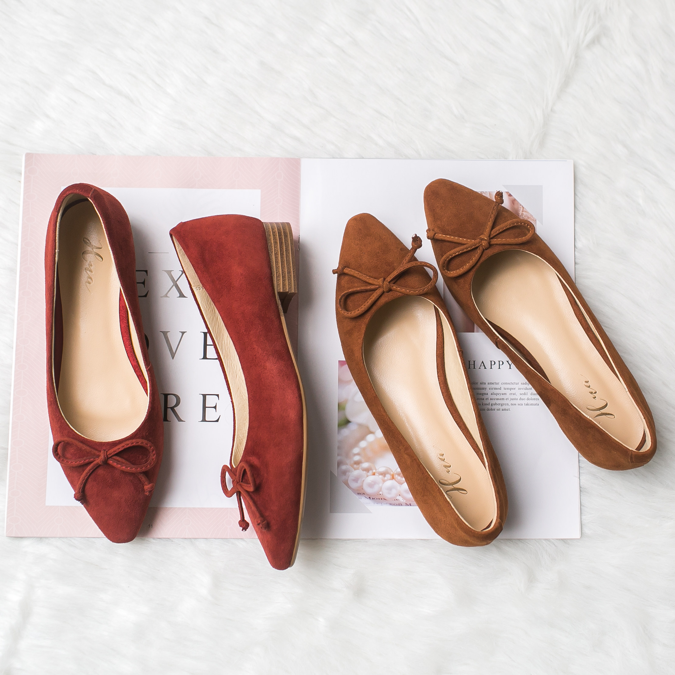 SOFT SOLE COMFORTABLE NEW SMALL SQUARE TOE ALL-LEATHER BALLET SHOES RUST RED RETRO WOMENS LOW-HEELED SWEET BOW SINGLE SHOES