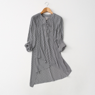 120 外贸大码 不规则中长系带雪纺衬衫 出口Yuan单竖条纹 160 女装
