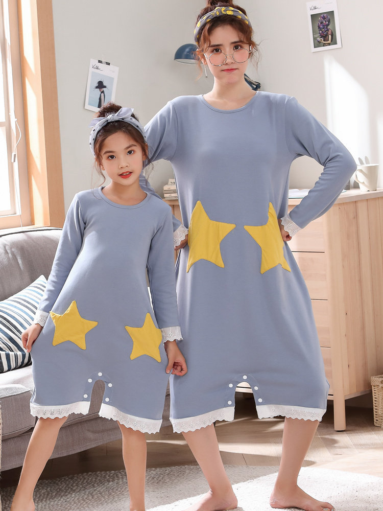 春秋季女童睡裙棉长袖母女亲子睡衣冬天女孩连体两穿裙裤家居服