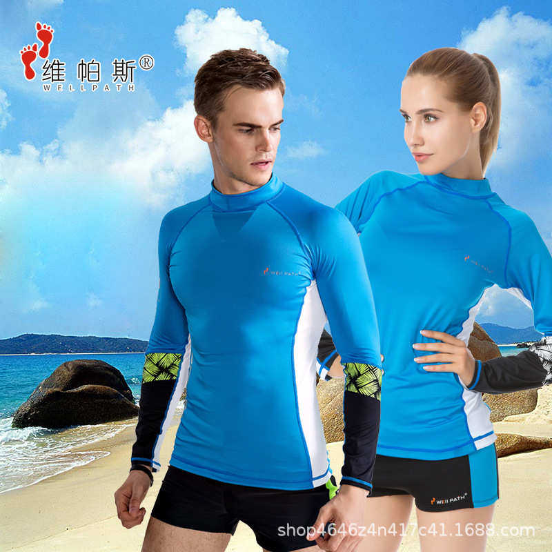 纯色保守情侣泳衣夏分体防晒冲浪衣男沙滩温泉尼龙速干衣水母衣