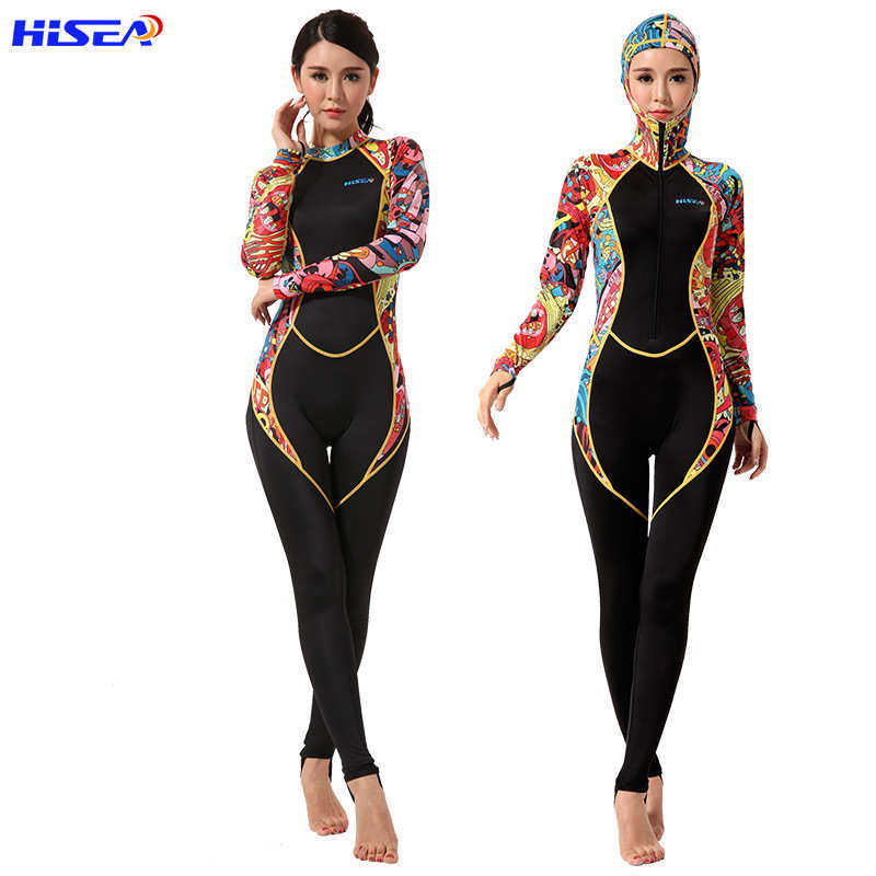 HISEA女长袖连体防晒带帽拉链潜水服莱卡浮潜服防珊瑚泳衣干衣