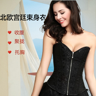 欧美corset bra金属拉链混发钢骨宫廷束身衣收腹束胸服塑身胸衣女