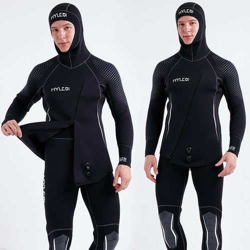 MYLEDI现货保暖5mm潜水服男 分体前开拉链连帽防寒套装潜水冲浪服