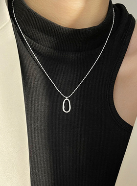 法式不规则镂空椭圆项链通体s925银毛衣链叠戴小众设计轻奢