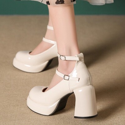 Buckle Color Mary Jane Shoes Women's High Heels Strap Coars