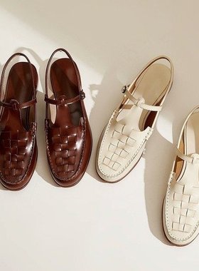 Flat bottomed low heeled woven sandals, retro casual womens