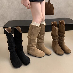 long autumn women Retro flat boots high Boken