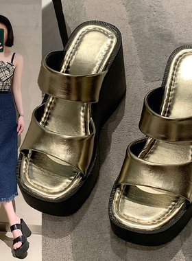 Slope heel thick soled slippers for women, summer high heel