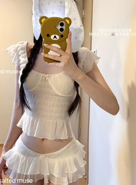 绝美泡温泉比基尼白色高级感超仙纯欲风小胸聚拢蛋糕裙度假泳衣女