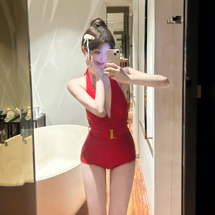 连体泳衣女2025新款 仙女范复古红深V性感露背遮肉显白度假泡温泉