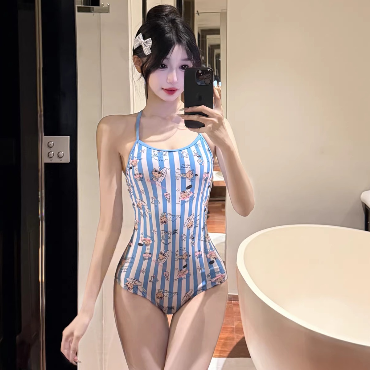 2025新款卡通条纹修身显瘦专业竞速游泳馆专用绝美连体泳衣女温泉