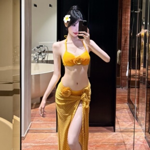 绝美比基尼2025新款 山茶花黄色分体长裙沙滩海岛度假性感泳衣女夏